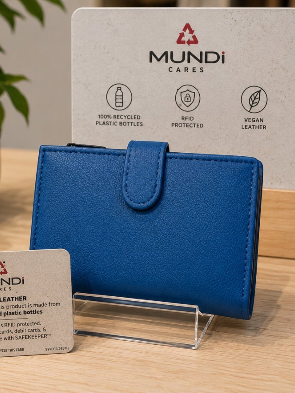Mundi Cares Blue Vegan Leather RFID Wallet | Recycled Materials | Compact Organi